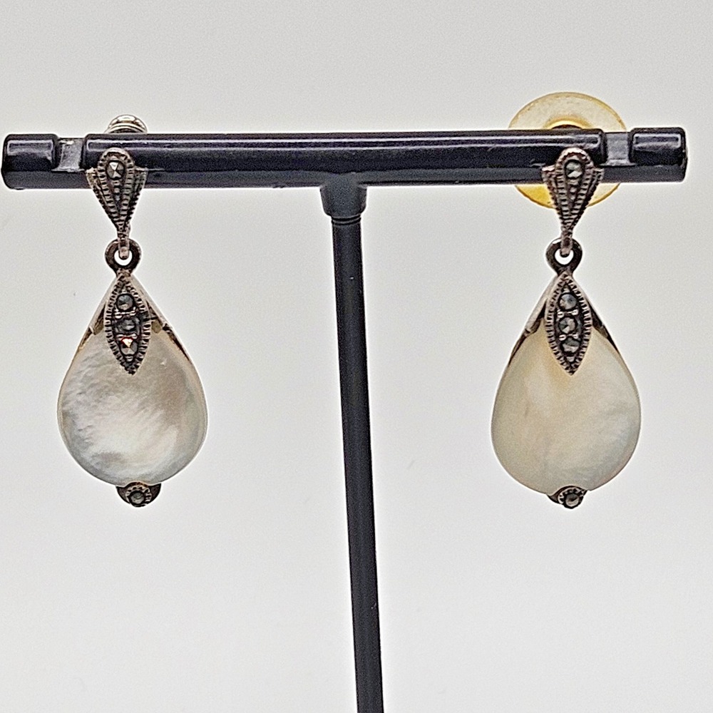 Vintage Sterling Silver MOP Marcasite Earrings Teardrop Dangle Drop 925